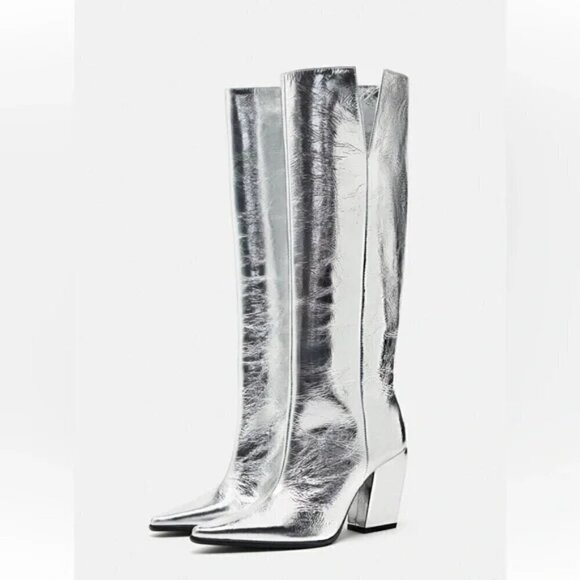 ZARA 100% LEATHER METALLIC HEELED KNEE HIGH BOOTS - Picture 13 of 13